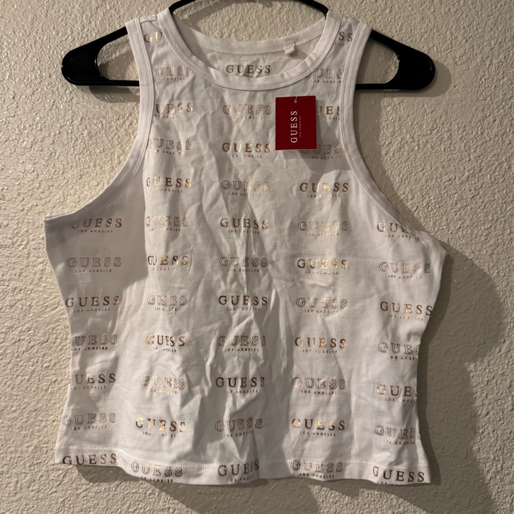 NWT GUESS White and Gold Logo Tank Top